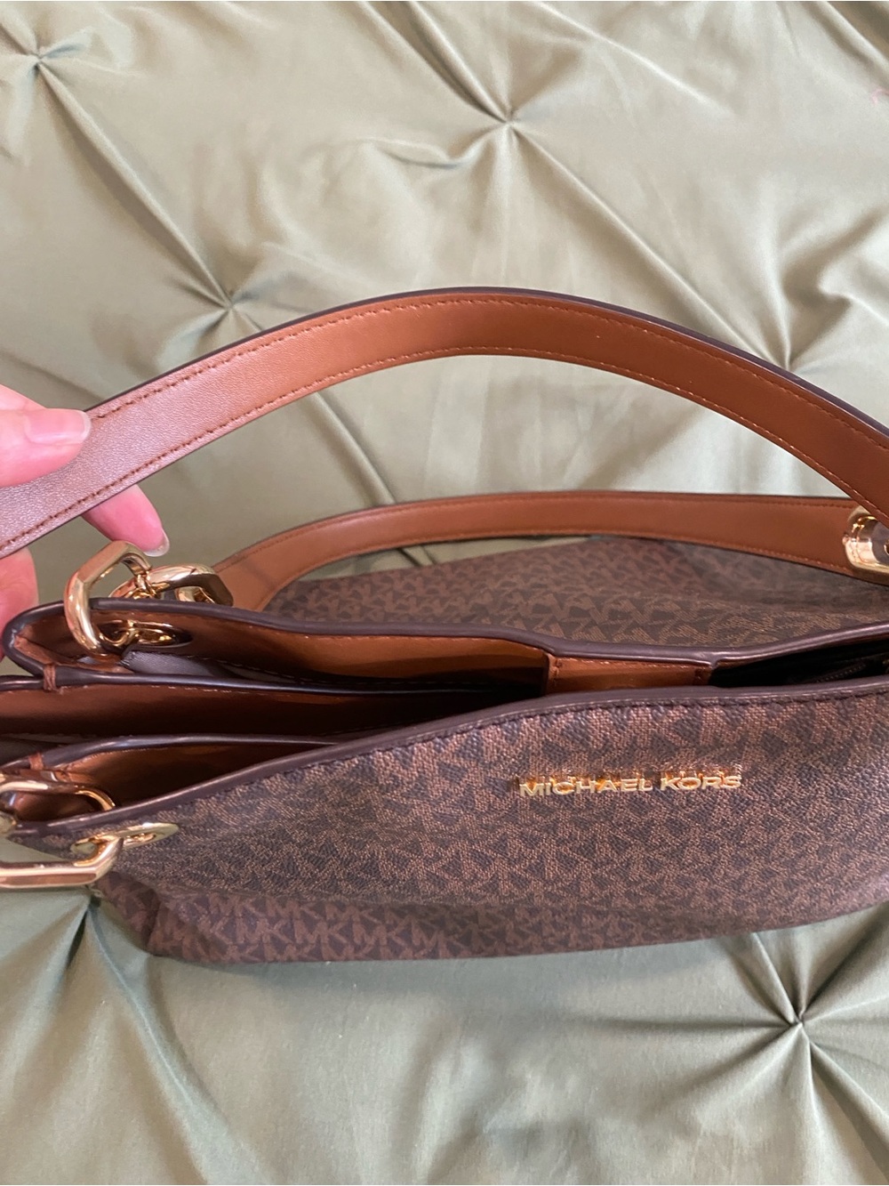 Michael Kors Brown Monogram Shoulder Tote with Gold Hardware - Picture 10 of 16